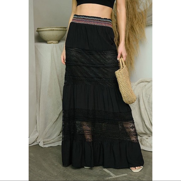 Nylon Apparel Dresses & Skirts - Gypsy Bohemian Black Crochet Lace Maxi Skirt